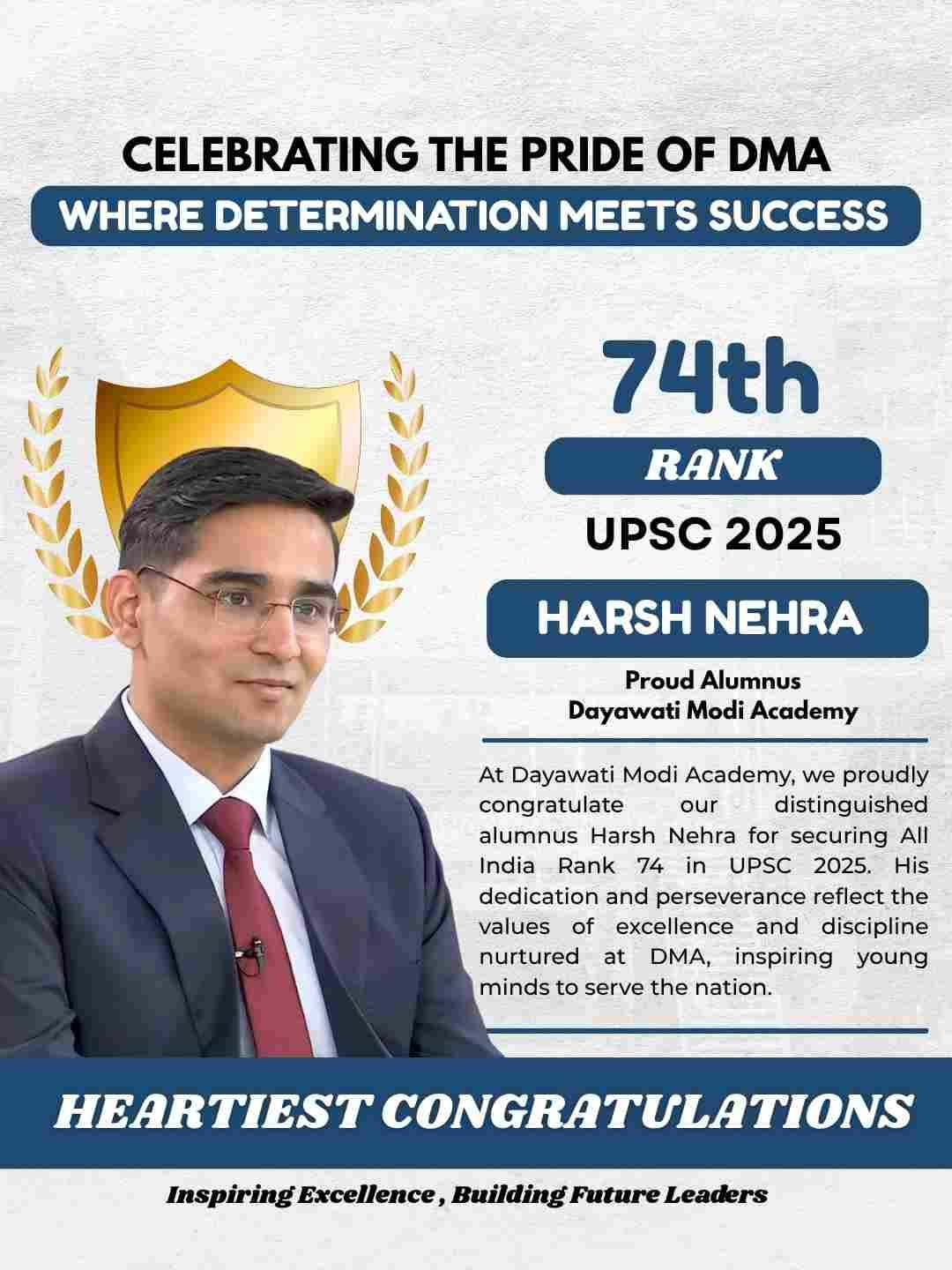 Harsh Nehra — UPSC AIR 74 Civil Services 2026, Proud Alumnus of Dayawati Modi Academy Meerut